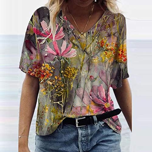 ABABC Summer Tops for Women 2023 Trendy Floral Print V Camisa de pescoço equipada Férias Casual Bloups Boho PLUS TAMANHO BASE