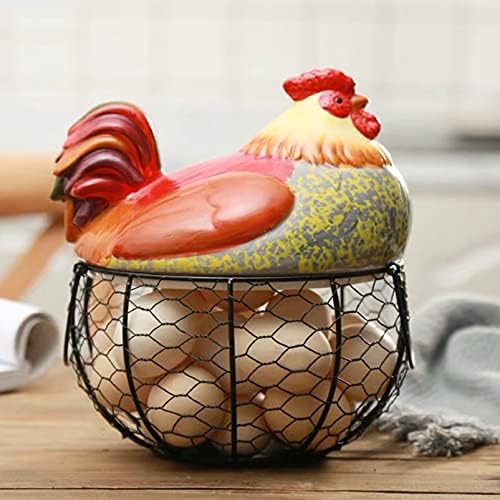 Arame cesta de cesto de metal de metal: cesta de ovos de arte de ferro com tampa de cerâmica para a bancada que coleta o ovos frescos