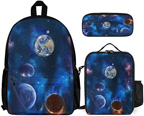 Damtma Galaxy Bookbag e lancheira Conjunto de mochila de 3 peças Planets espaciais Estrelas STARRS Backpack de laptop de mochila