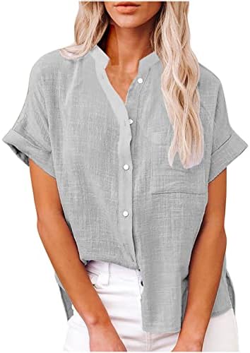 Caminhadas de linho de algodão feminino de verão Tops Trendy Button de manga curta para baixo camisetas casuais sólidos soltos
