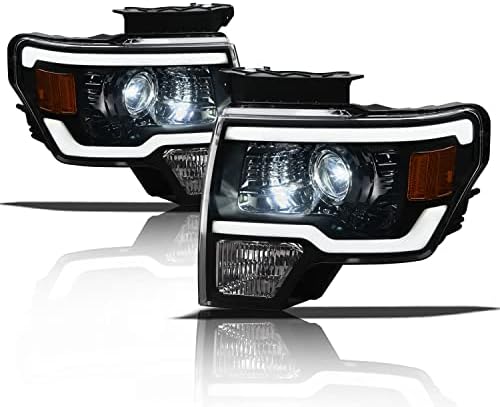 Alpha Owls 8710005 Faróis de projetor de LED completo com barra de luz LED branca - Black Amber Fits 2009-2014 Ford F150 Halogen Models