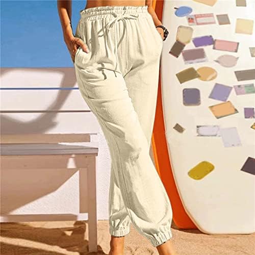 Calças de linho de algodão feminina de Meymia, Womens Casual Casual Splicing Splicing High Rise elástica Pant da cintura com bolsos