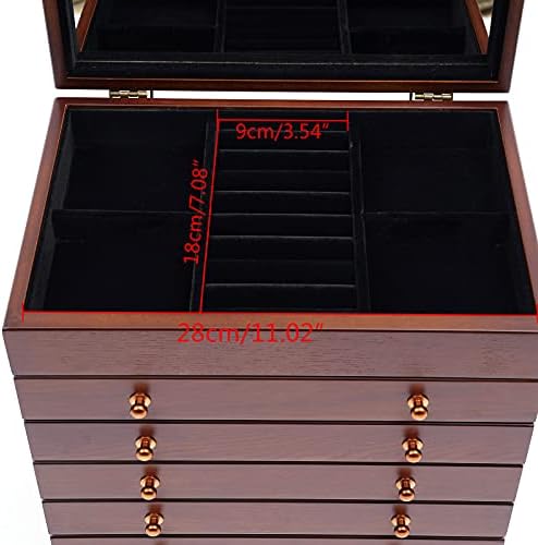 6 camadas Caixa de armazenamento de jóias de madeira, relógios de colar de anel Organizador de gabinete da caixa de