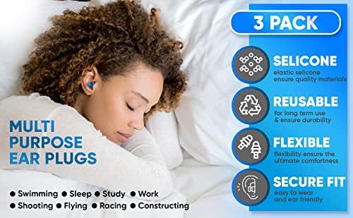 Plugues de ouvido reutilizáveis, 3 pares de tampões para esportes, trabalho, sono, viagem, natação, cancelamento de ruído - agradavelmente