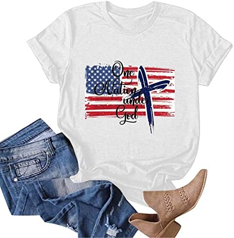 lcepcy feminino independência do dia camisetas letra de letra de letra redonda de manga curta de manga curta camisetas gráficas de bandeira americana