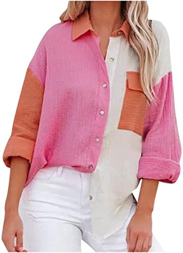 Botão de cores femininas Botão para baixo camisa moda de manga longa v colarinho de pescoço casual solto e elástico e confortável bolso de bolso