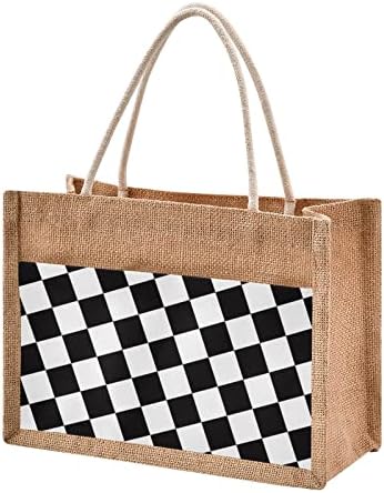 Black White Checker Jute Tote Bag Winning Race Bandra Reutilizável Mercearia Bolsa de Bolsa de Praia Bolsas de Bolsa