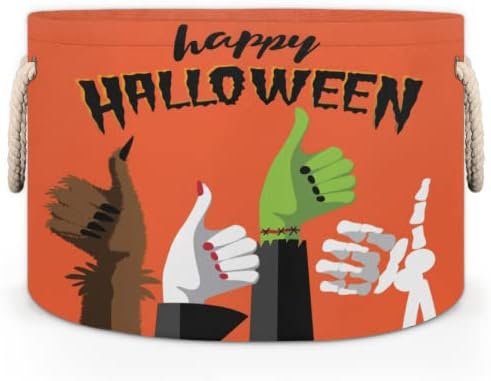 Happy Halloween Hands grandes cestas redondas para cestas de lavanderia de armazenamento com alças de armazenamento de cobertores cestas para as caixas