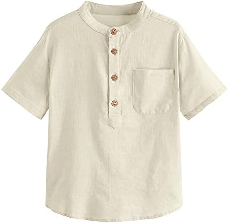 Inorin Boys Butrow Up Henley camisa de manga curta Camisas de vestido de algodão de linho de verão camisetas com um bolso