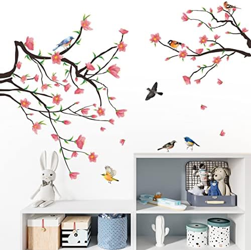 Removíveis 3D Duas galhos de árvores curvas folhas com pássaros voadores coloridos Decalques de parede Diy Peel e Stick Wall Art