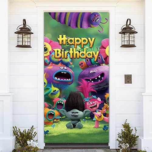 ANIMAÇÃO TROLLS tema Happy Birthday Door Banner Filmes de animação de desenhos animados para crianças Happy Birthday Birthday Table Top Decor Out Outdoor Door Banner Supplies 72.8x35.4in