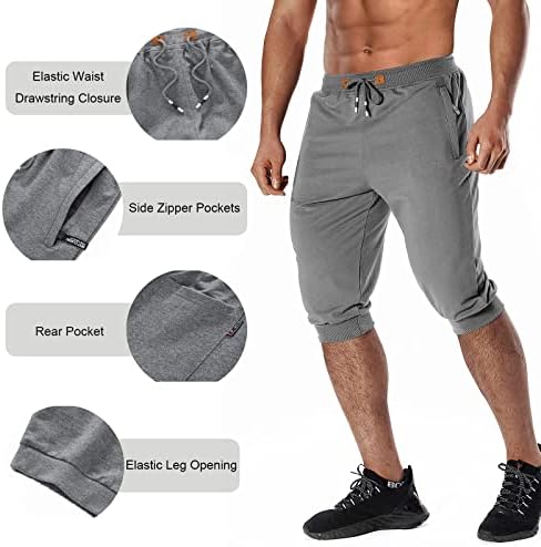 Chexpel Men 3/4 -Jogger Shorts Capri Pants abaixo do treino de algodão do joelho Longo com shorts com bolsos com zíper