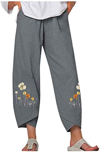 2023 calças de linho de algodão, feminino casual perna larga Palazzo yoga capris estampa floral calças folgadas com bolsos