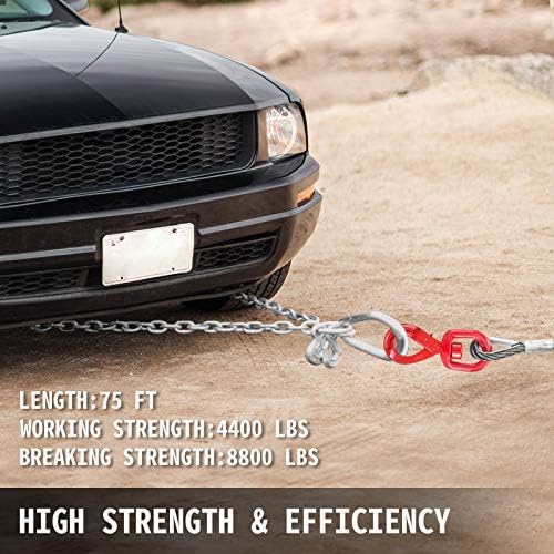 Vevor Galvanized Steel Winch Cable, 3/8 x 75 ' - corda de arame com gancho, 8800 libras de resistência à quebra - Towing