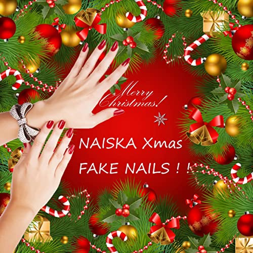 Naiska Red Christmas Press em unhas curtas oval unhas falsas listras brancas dica francesa acrílico unhas