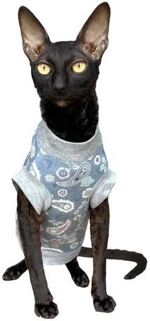 Camiseta de algodão de algodão sem pêlos de Kotomoda Paisley azul para Sphynx Cat