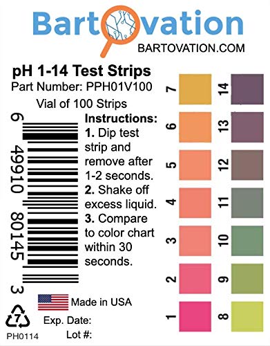 pH 1-14 Teste de teste de largura [frasco à prova de umidade de 100 tiras] Feito nos EUA