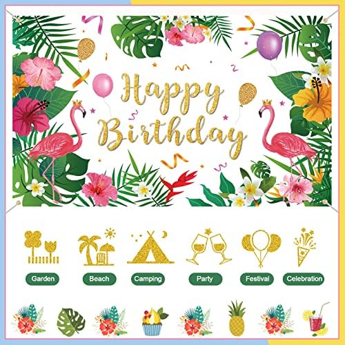 Feliz Aniversário Banner Flamingo Decorações de aniversário - Decorações de festa havaiana de verão Tropical Penmo do cenário