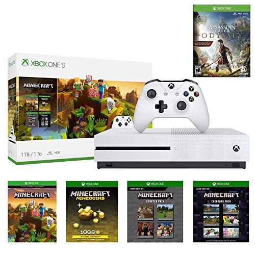 Xbox One S 1TB Minecraft Creators w/ Assassin's Creed Odyssey Deluxe Bundle: 1 TB Xbox One S Console Branco, Controlador sem