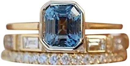 2023 Novo criativo da moda criativa e anel feminino embutido de três peças Crystal Gold Bated Blue Sea Rings Tamanho 14