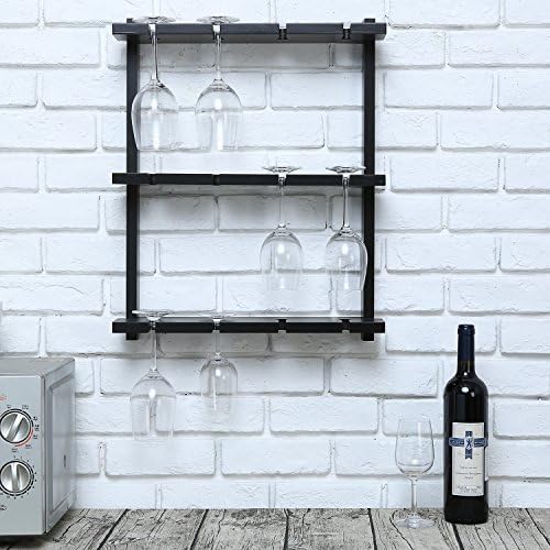 Mygift Wine Glass Rack - Rack de Stemware de madeira preta montada na parede, 12 de copos de copos, copos de vinho cabide
