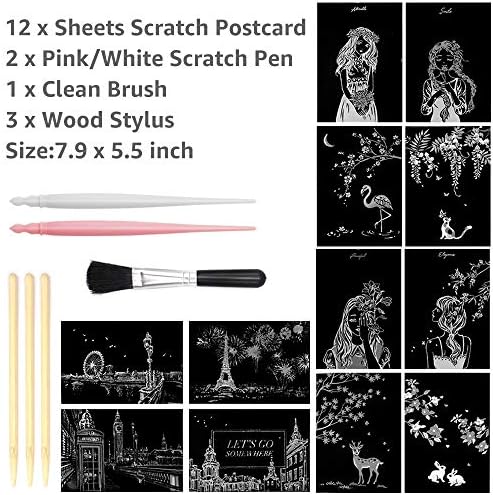 Magic Scratch Art Paper, Rainbow Landscape Graving Art Mini Scretboard Pads para adultos e crianças, Arte e artesanato Conjunto: 12 folhas Cartões de cartão postal arranhões e canetas de desenho, escova