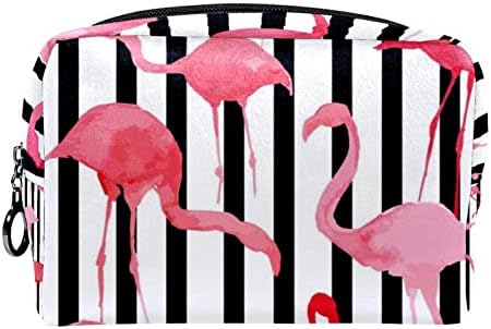 Bolsa de maquiagem de viagem, bolsa de cosméticos Caso organizador, para mulheres para produtos de higiene pessoal, pincéis, listras preto e branco de flamingo rosa
