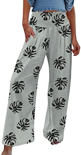 Calças de linho de algodão para mulheres, praia de verão praia larga e larga em calças de ioga modernas de ioga com calças florais