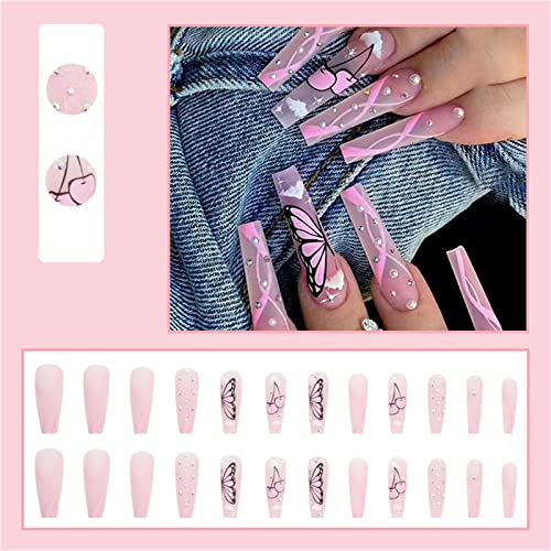 Caixão Longo Falso Unhas Tampa completa com cola destacável Butterfly Summer Rosa Press