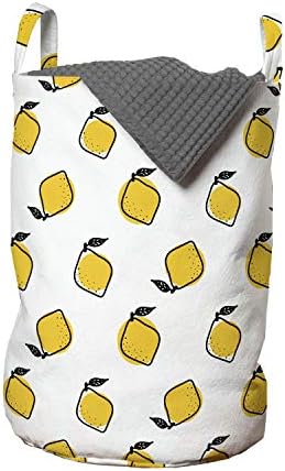 Bolsa de lavanderia amarela e branca de Ambesonne, limões do estilo doodle com folhas e pontos padrão de frutas suculentas frescas,