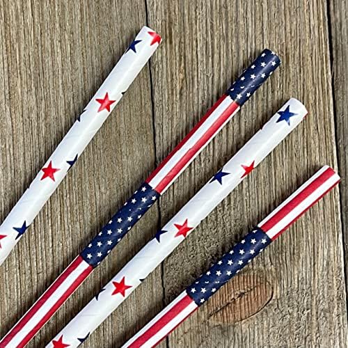 American Flag Paper Straws - Supplência do Partido Patriótico - Branco e azul vermelho - 50 pacote