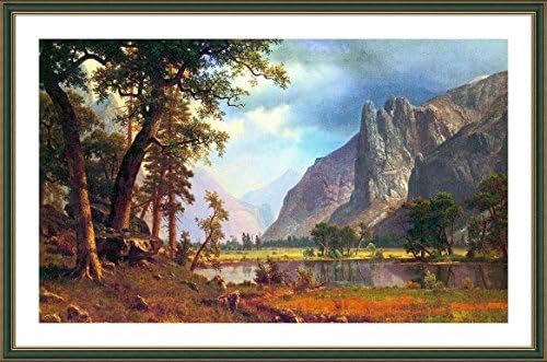Alonline Art - Yosemite Valley por Albert Bierstadt | Imagem verde emoldurada impressa em tela algodão, anexada à placa de espuma | Estrutura pronta para pendurar | 32 x20 | Pintura a óleo decoração de arte de arte de parede