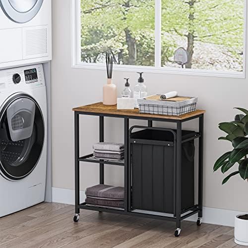 Bennio Brenny Laundry Horting Cart com prateleiras, cesta de lavanderia com tampa e rodas, 2 seções de lavanderia, moldura de aço e
