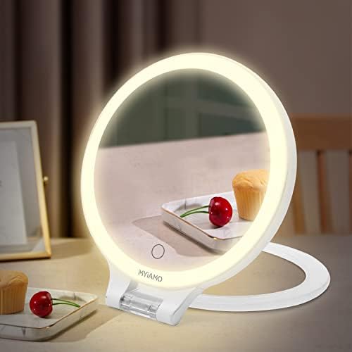 Espelho de maquiagem de Myiamo com ampliação e luzes, espelho de vaidade iluminada recarregável 1x/10x de dupla face com 3 modos de iluminação colorida de lEDs ajustáveis ​​no espelho de mesa LED