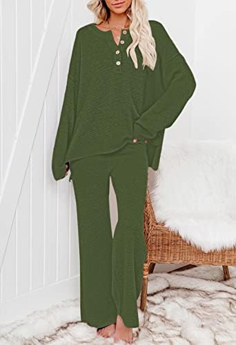 Roupas casuais de duas peças femininas - Henley Button V pescoço solto outono inverno com calças de manga comprida