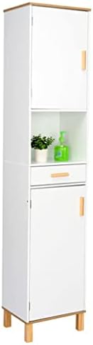 N/A Pernas de madeira maciça Drawer Double Door Double Banheiro High Cabinet 39x30x179cm White & Wood Grain Color