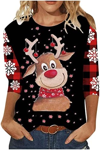 Impressão diária de natal feminina o pescoço de pescoço de três quartos de manga redonda camiseta de camiseta estampada de manga