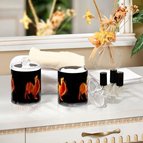 Yyzzh Fire Flame Rooster On Black 4 Pack Pack Qtip Dispenser para algodão Swab Ball Round Pads Floss 10 oz Jarço