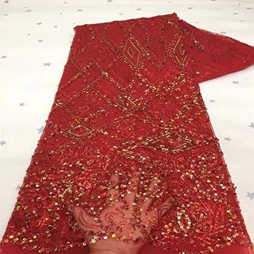 Mais recente luxo artesanal com tecido de renda pesada com tecido de casamento de casamento vermelho lantejoulas de bordado francês de renda - tecido de renda 5yards para vestido de noiva de noiva