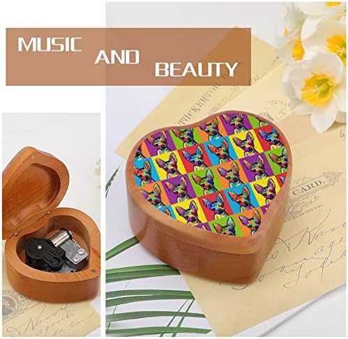 Chihuahua Pop Art Clockwork Box Music Box vintage Wooden Heart Heart Musical Box Toys Gifts Decorações