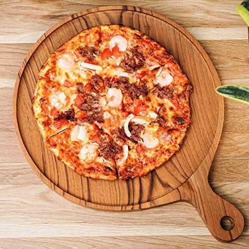 Tigelas da floresta tropical 12 Javanese Taek Wood Pizza Wood W/ Handle & Rim - pode segurar pizza de 12, Ultra durável e pesado