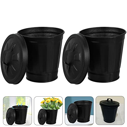 Alipis Mini Desktop Wastebasket 2pcs lixo galvanizado pode lixo baldes de lixo lixo lixo portador caneta planta flor preto