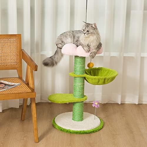 Pet Wonderland Árvore de gato fofo 29 polegadas Torre de gato de flor rosa com postagem de arranhões para gatos pequenos, cama de rede de gato verde, poleiro de pelúcia, plataformas aconchegantes, arranhões exclusivos de gatos, móveis de gato para gatos internos