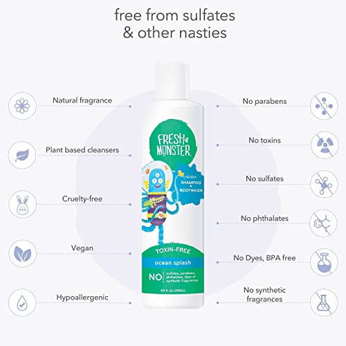 Monstro fresco 2-em 1 Shampoo e lavagem corporal, sem toxinas, hipoalergênico, shampoo natural e lavagem do corpo para crianças,