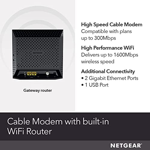NetGear Cable Modem Wi -Fi Combo C6250 - Compatível com todos os provedores de cabos, incluindo Xfinity by Comcast, Spectrum, Cox