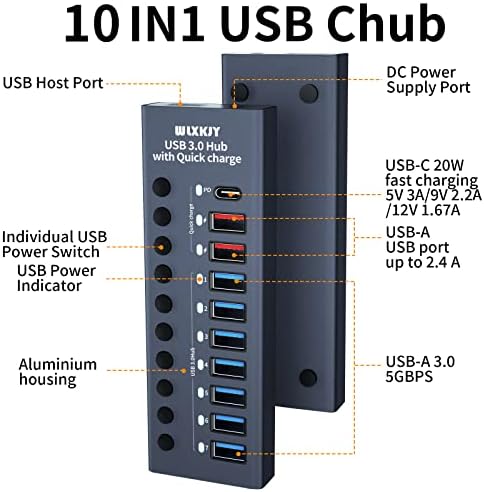Wlxkjy alumínio USB 3.0 hub, 10 portas Splitter de hub USB, com adaptador de energia de 60w e interruptor independente