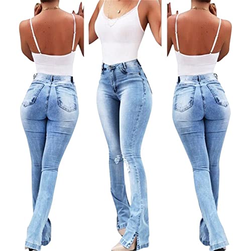 Mulheres jeans de fundo de sino magro, calça jeans de jeans de cintura alta e de jeans largura de calça de jeans largura de perna