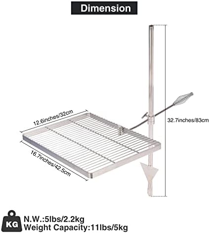 Lineslife Campfire Grill Grill, Ajustável Grade de Campfire de aço pesado, Grade de Fire Pit Grate sobre a fogueira com bolsa de transporte para churrasques de acampamento ao ar livre, retângulo Silver