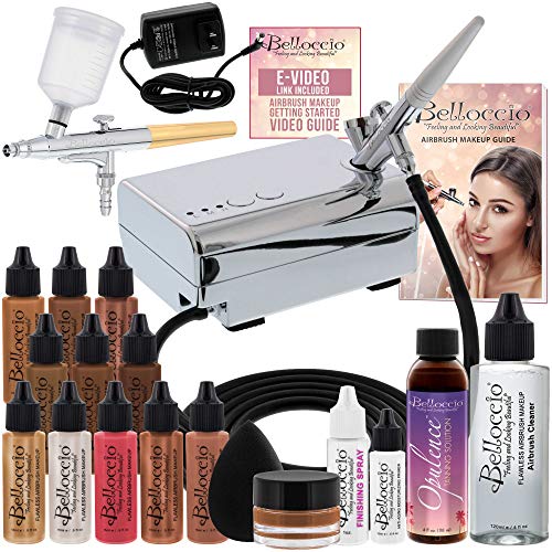 Belloccio Makeup and Bronning Airbrush System com fundação escura e conjunto de blush