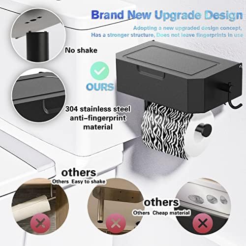 Suporte de papel higiênico Mujaq com prateleira, dispensador de limpeza lavável, para o banheiro com prateleira de armazenamento de limpeza, mantenha seus lenços escondidos fora da vista - montagem na parede de aço inoxidável - auto -adesivo - preto